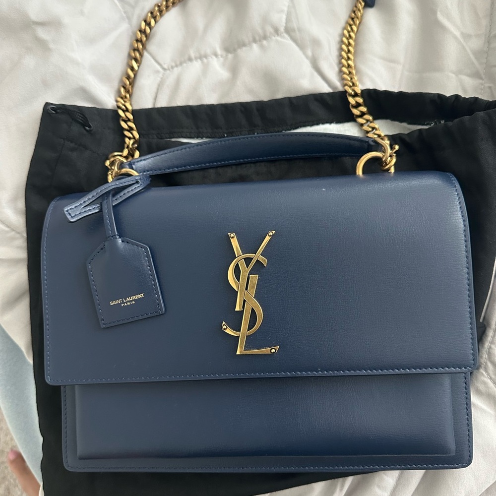 Saint Laurent Navy Blue Shoulder Bag with Gold Accents